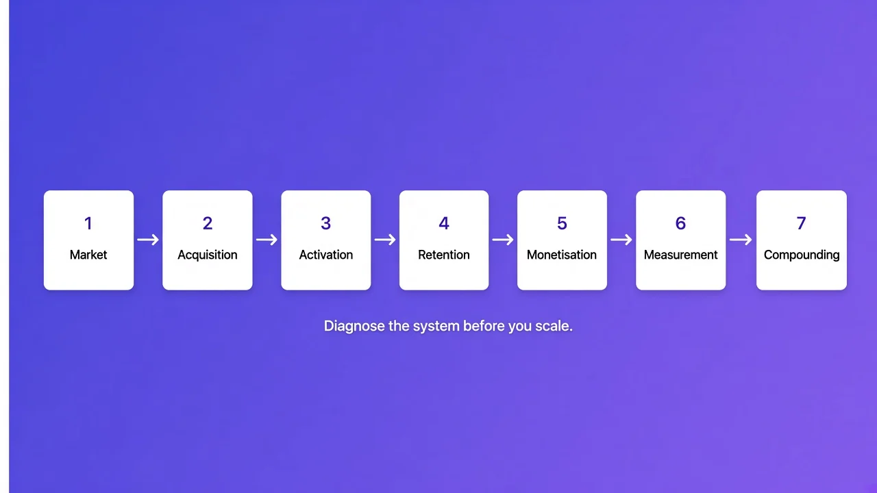 Growth marketing system connecting market, acquisition, activation and value, retention, monetisation, measurement and compounding.